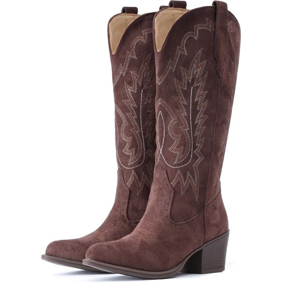 Shoes - Women's Coffee IUV Cowboy Boots Western Mid Calf Snip Toe Heel Cowgirl Boots